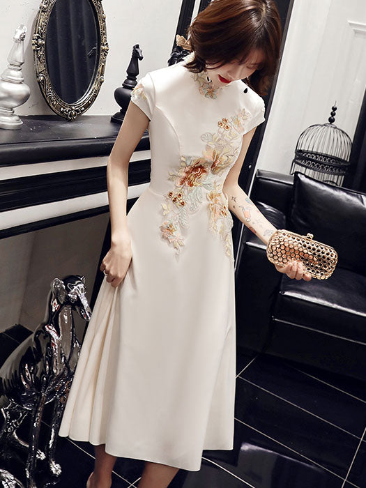 White Floral A-Line Midi Qipao / Cheongsam Party Dress