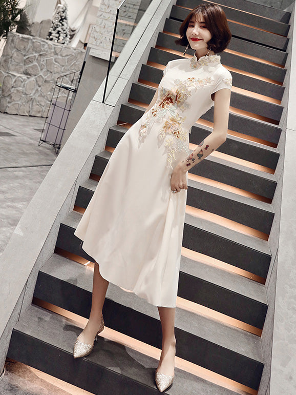 White Floral A-Line Midi Qipao / Cheongsam Party Dress