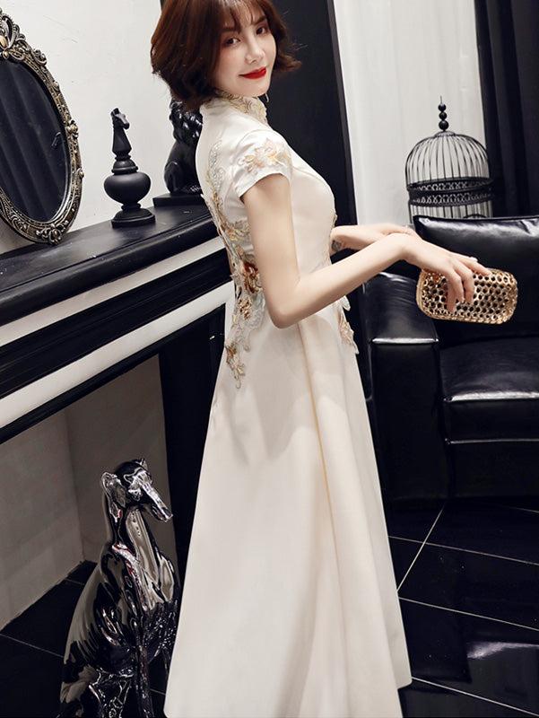 White Floral A-Line Midi Qipao / Cheongsam Party Dress