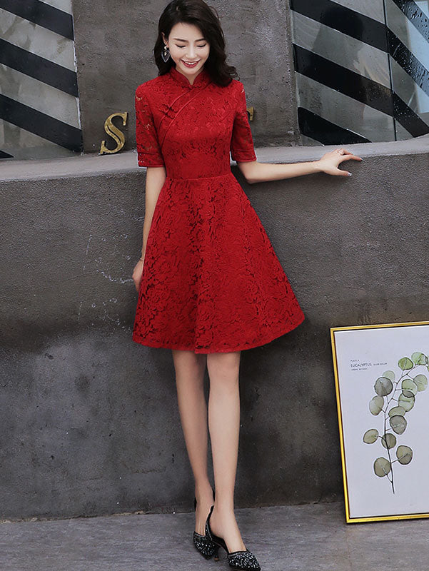 Wine Red A-Line Lace Short Qipao / Cheongsam Dress
