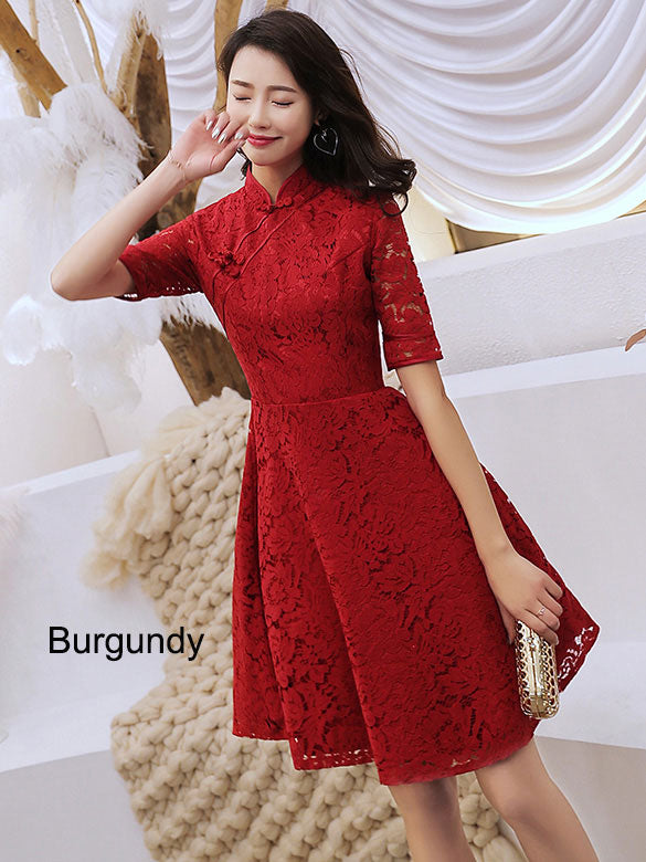 short red cheongsam dress Red Lace Midi Length Short Sleeves Qipao Dress