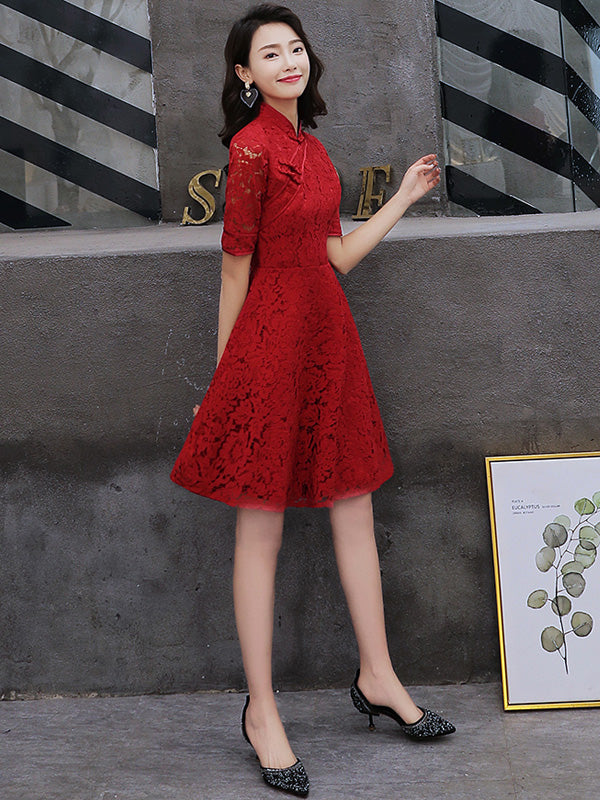 Wine Red A-Line Lace Short Qipao Cheongsam Dress