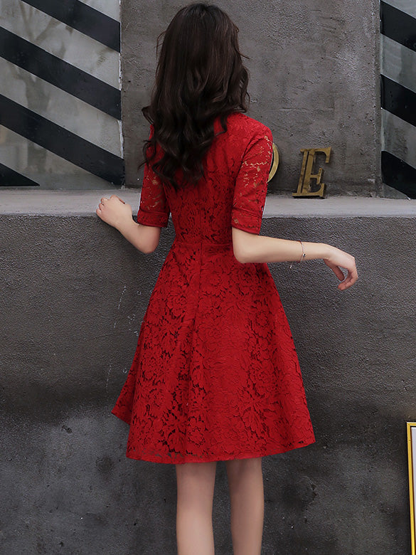 Wine Red A-Line Lace Short Qipao Cheongsam Dress