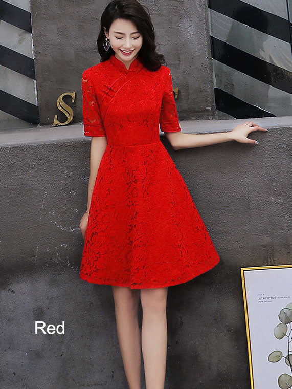Wine Red A-Line Lace Short Qipao / Cheongsam Dress