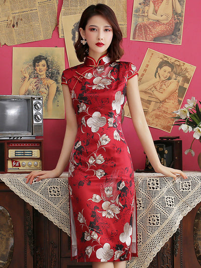 Black Red Floral Midi Cheongsam / Qipao Party Dress