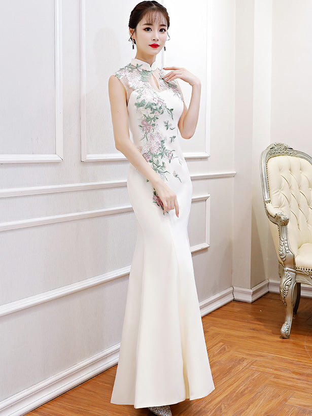 White Beads Embroidered Fishtail Qipao / Cheongsam Wedding Dress