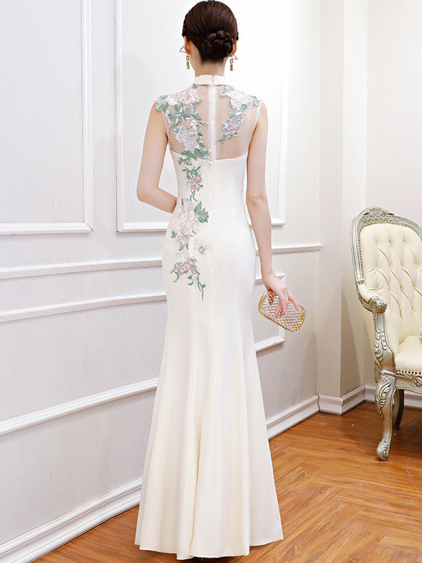 White Beads Embroidered Fishtail Qipao / Cheongsam Wedding Dress