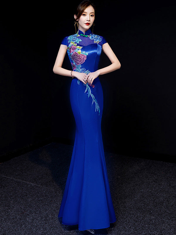 Purple Blue Embroidered Fishtail Qipao / Cheongsam Evening Dress