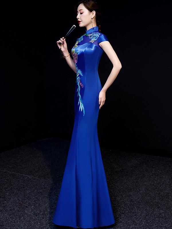Purple Blue Embroidered Fishtail Qipao / Cheongsam Evening Dress