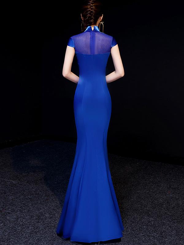Purple Blue Embroidered Fishtail Qipao / Cheongsam Evening Dress