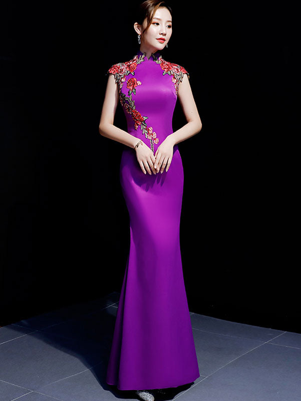 Purple Blue Embroidered Fishtail Qipao / Cheongsam Evening Dress