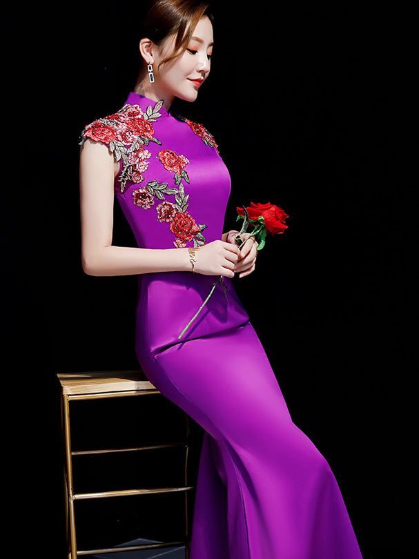 Purple Blue Embroidered Fishtail Qipao / Cheongsam Evening Dress