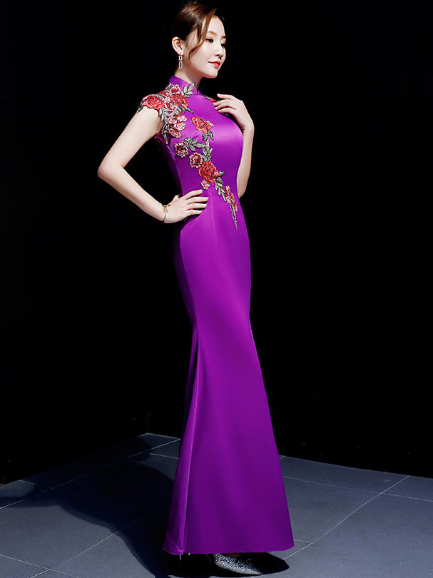 Purple Blue Embroidered Fishtail Qipao / Cheongsam Evening Dress