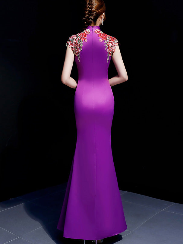 Purple Blue Embroidered Fishtail Qipao / Cheongsam Evening Dress