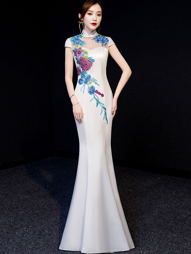 White Embroidered Fishtail Qipao / Cheongsam Evening Dress