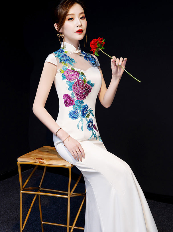 White Embroidered Fishtail Qipao / Cheongsam Evening Dress