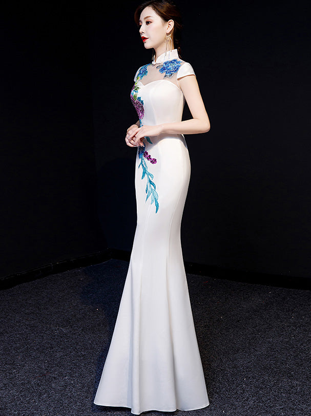 White Embroidered Fishtail Qipao / Cheongsam Evening Dress