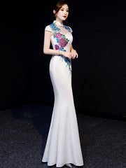 White Embroidered Fishtail Qipao / Cheongsam Evening Dress