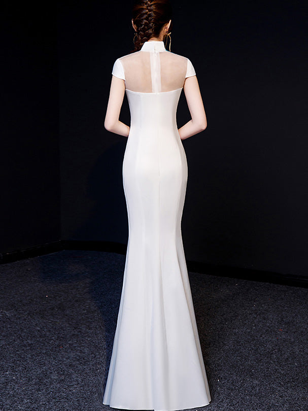 White Embroidered Fishtail Qipao / Cheongsam Evening Dress
