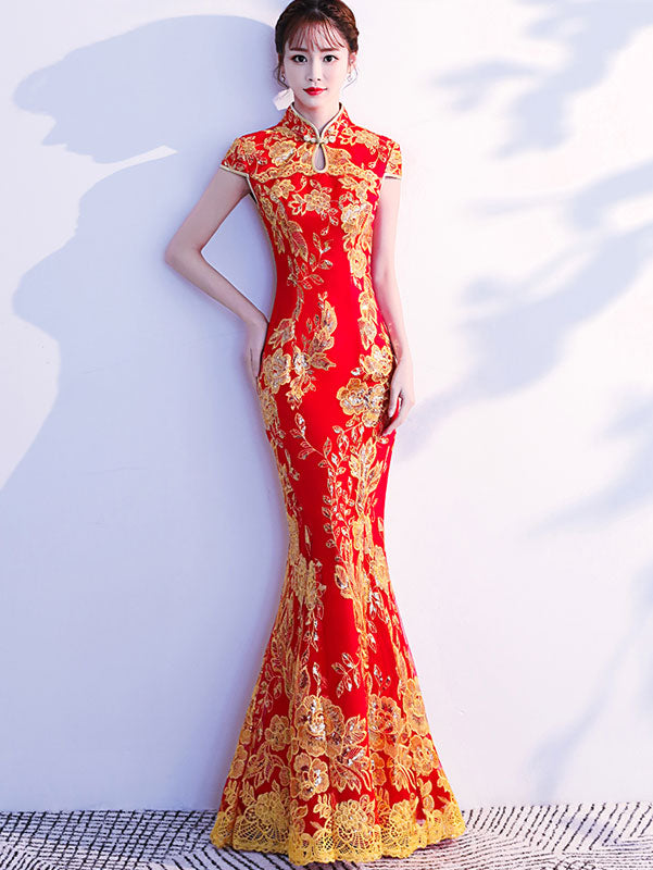 Red Blue Sequin Floral Fishtail Qipao / Cheongsam Wedding Dress