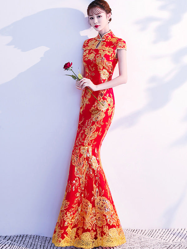 Red Blue Sequin Floral Fishtail Qipao / Cheongsam Wedding Dress