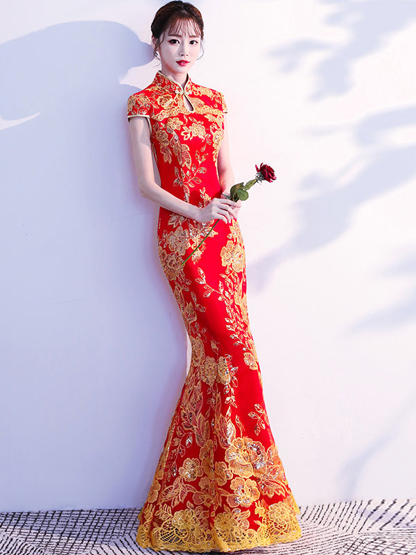 Red Blue Sequin Floral Fishtail Qipao / Cheongsam Wedding Dress