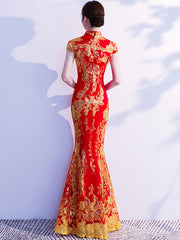 Red Blue Sequin Floral Fishtail Qipao / Cheongsam Wedding Dress