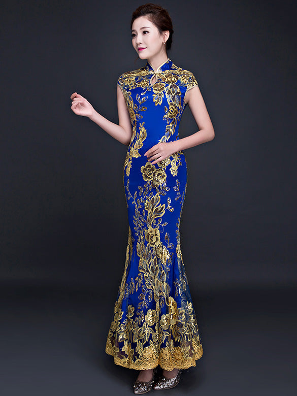 Red Blue Sequin Floral Fishtail Qipao / Cheongsam Wedding Dress