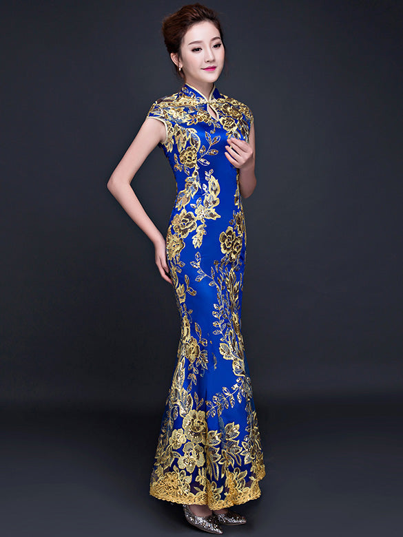 Red Blue Sequin Floral Fishtail Qipao / Cheongsam Wedding Dress