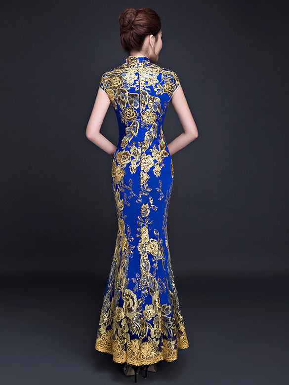 Red Blue Sequin Floral Fishtail Qipao / Cheongsam Wedding Dress