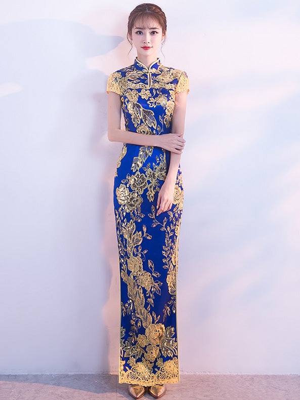 Red Blue Sequins Traditional Qipao / Cheongsam Wedding Dress