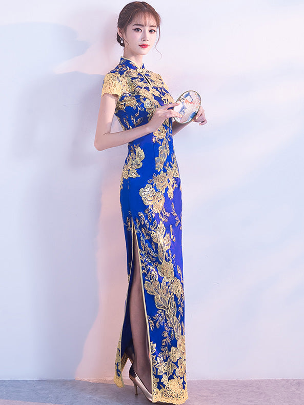 Red Blue Sequins Traditional Qipao / Cheongsam Wedding Dress
