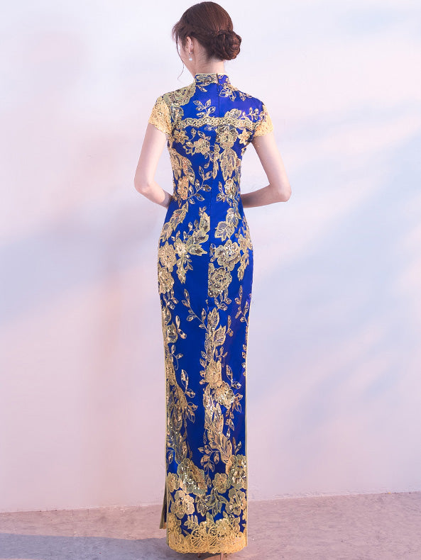 Red Blue Sequins Traditional Qipao / Cheongsam Wedding Dress