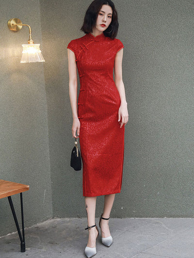 Red Lace Long Qipao / Cheongsam Wedding Dress