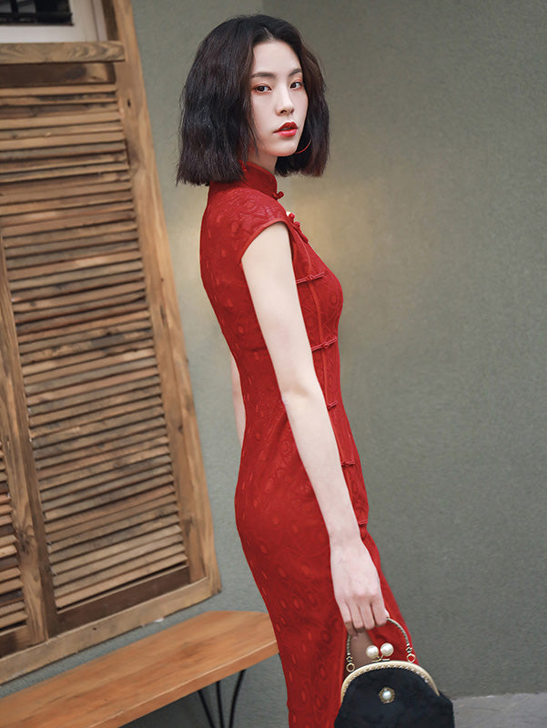 Red Lace Long Qipao / Cheongsam Wedding Dress