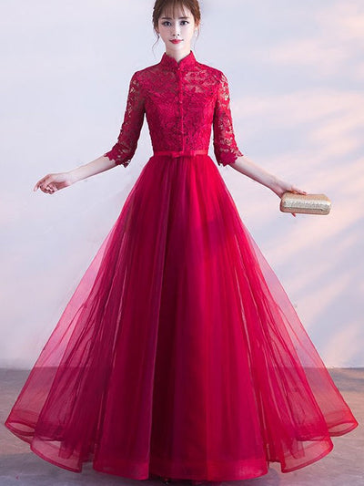 Wine Red Floor Length Tulle Qipao / Cheongsam Wedding Dress