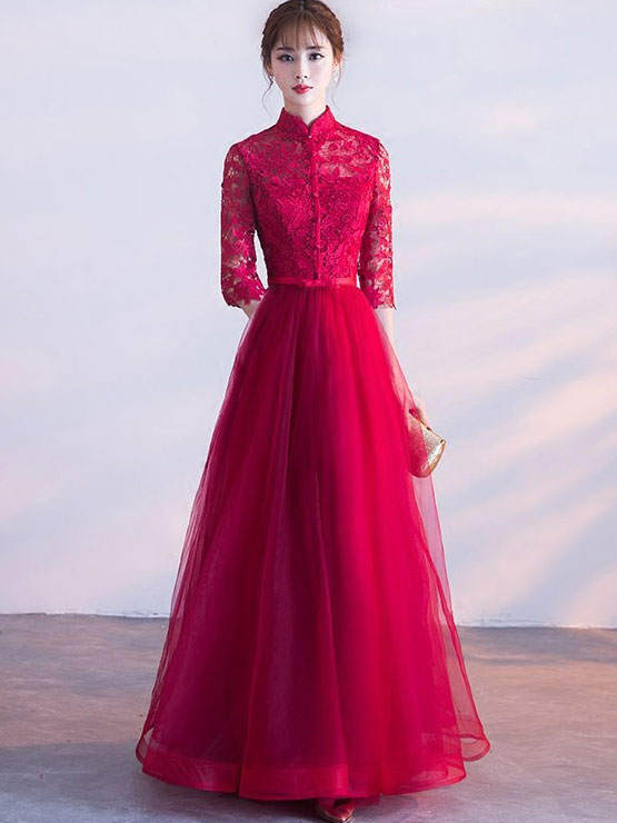 Wine Red Floor Length Tulle Qipao / Cheongsam Wedding Dress
