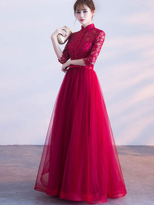 Wine Red Floor Length Tulle Qipao / Cheongsam Wedding Dress