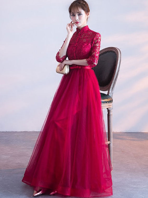 Wine Red Floor Length Tulle Qipao / Cheongsam Wedding Dress