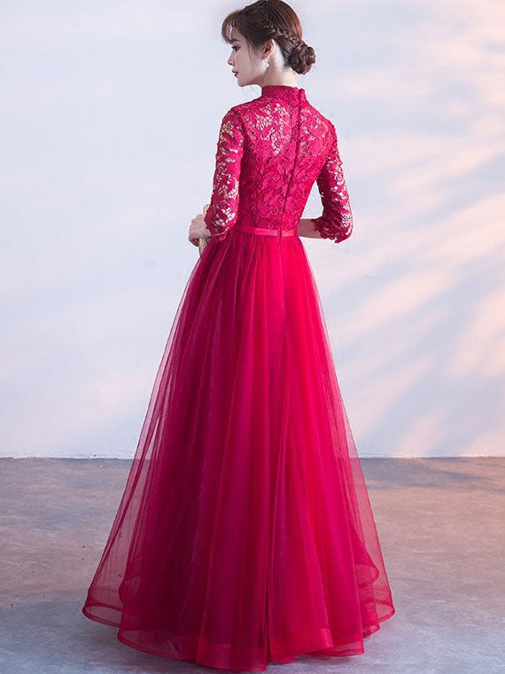 Wine Red Floor Length Tulle Qipao / Cheongsam Wedding Dress