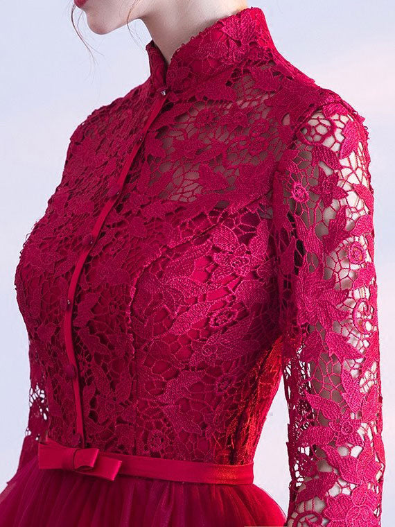 Wine Red Floor Length Tulle Qipao / Cheongsam Wedding Dress