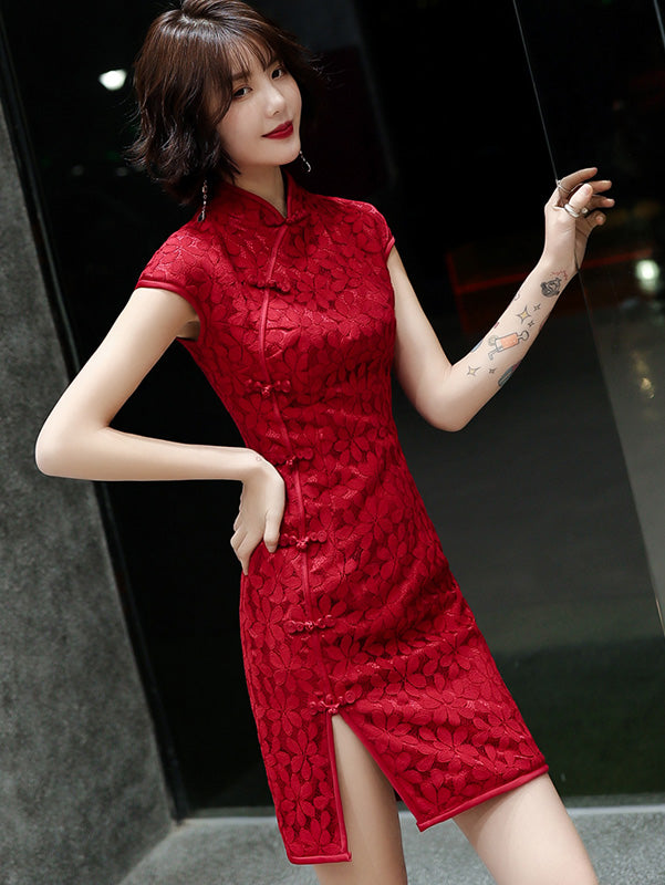 Red White Lace Short Qipao / Cheongsam Party Dress