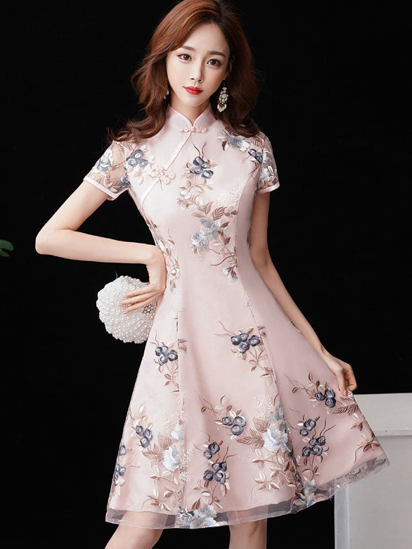 Pink Bridesmaid Short A-Line Floral Qipao Cheongsam Dress