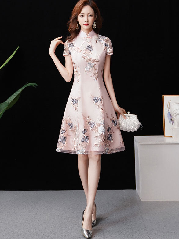 Pink Bridesmaid Short A-Line Floral Qipao Cheongsam Dress