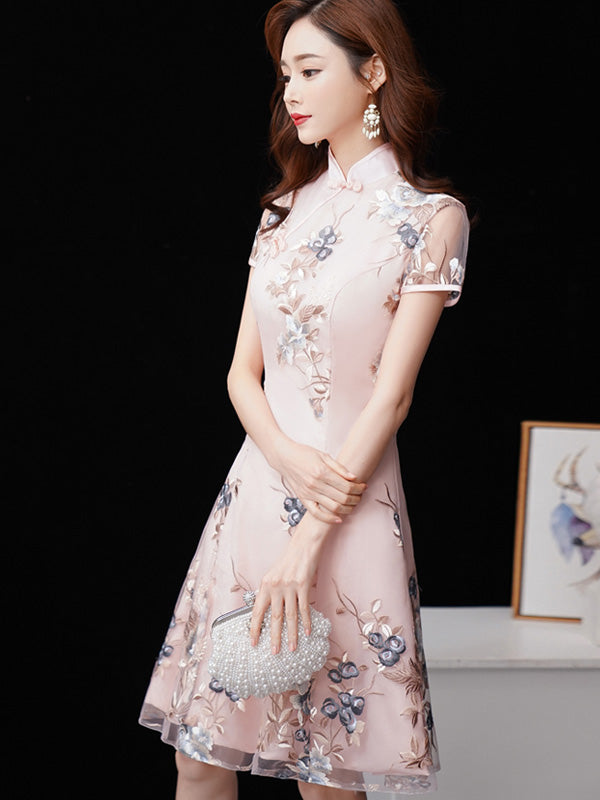 Pink Bridesmaid Short A-Line Floral Qipao Cheongsam Dress