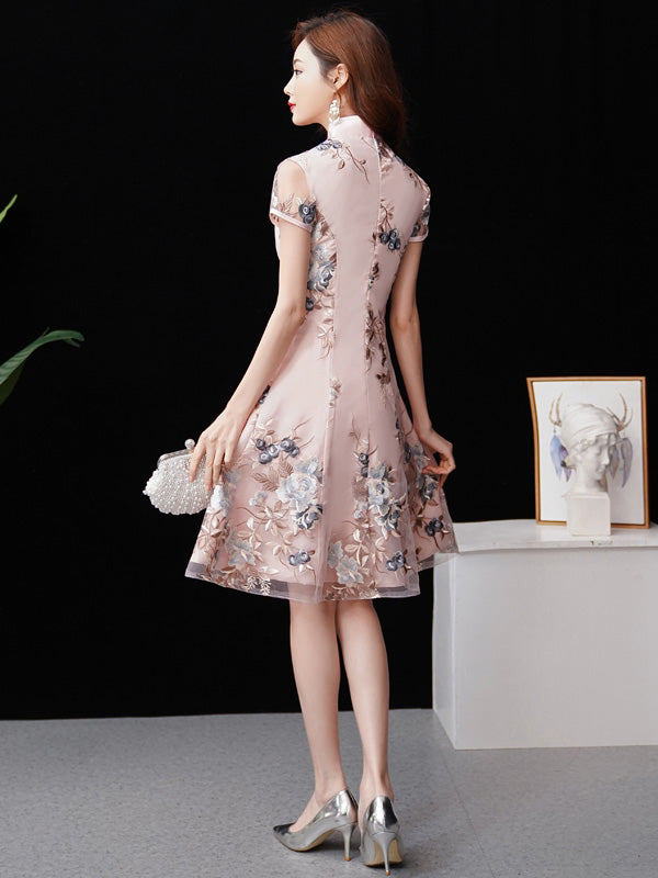 Pink Bridesmaid Short A-Line Floral Qipao Cheongsam Dress