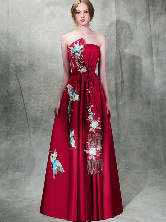Burgundy Embroidered Strapless Wedding A-Line Prom Dress