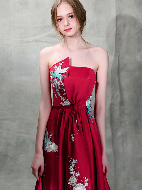 Burgundy Embroidered Strapless Wedding A-Line Prom Dress