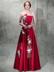 Burgundy Embroidered Strapless Wedding A-Line Prom Dress
