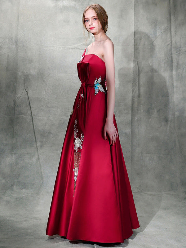Burgundy Embroidered Strapless Wedding A-Line Prom Dress
